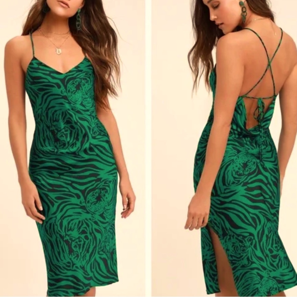 Lulus Safari Green Tiger Print Satin Midi Dress - Small